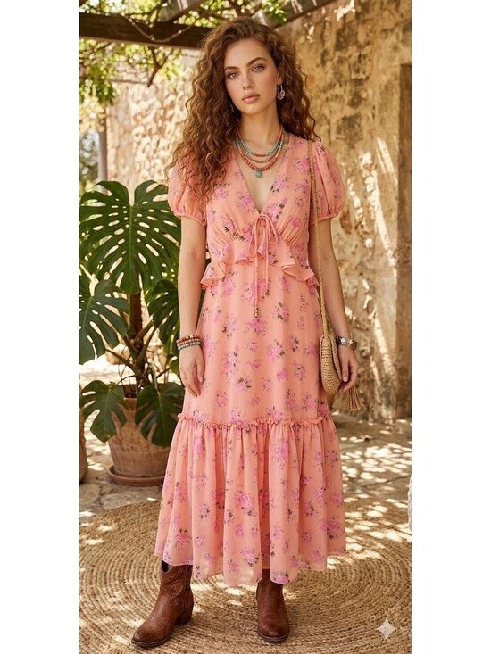 LoveShackFancy Dresses & Skirts - Loveshack Fancy Sz 6 Pink Rose Floral Chiffon Dress Cottage Core Boho Coquette